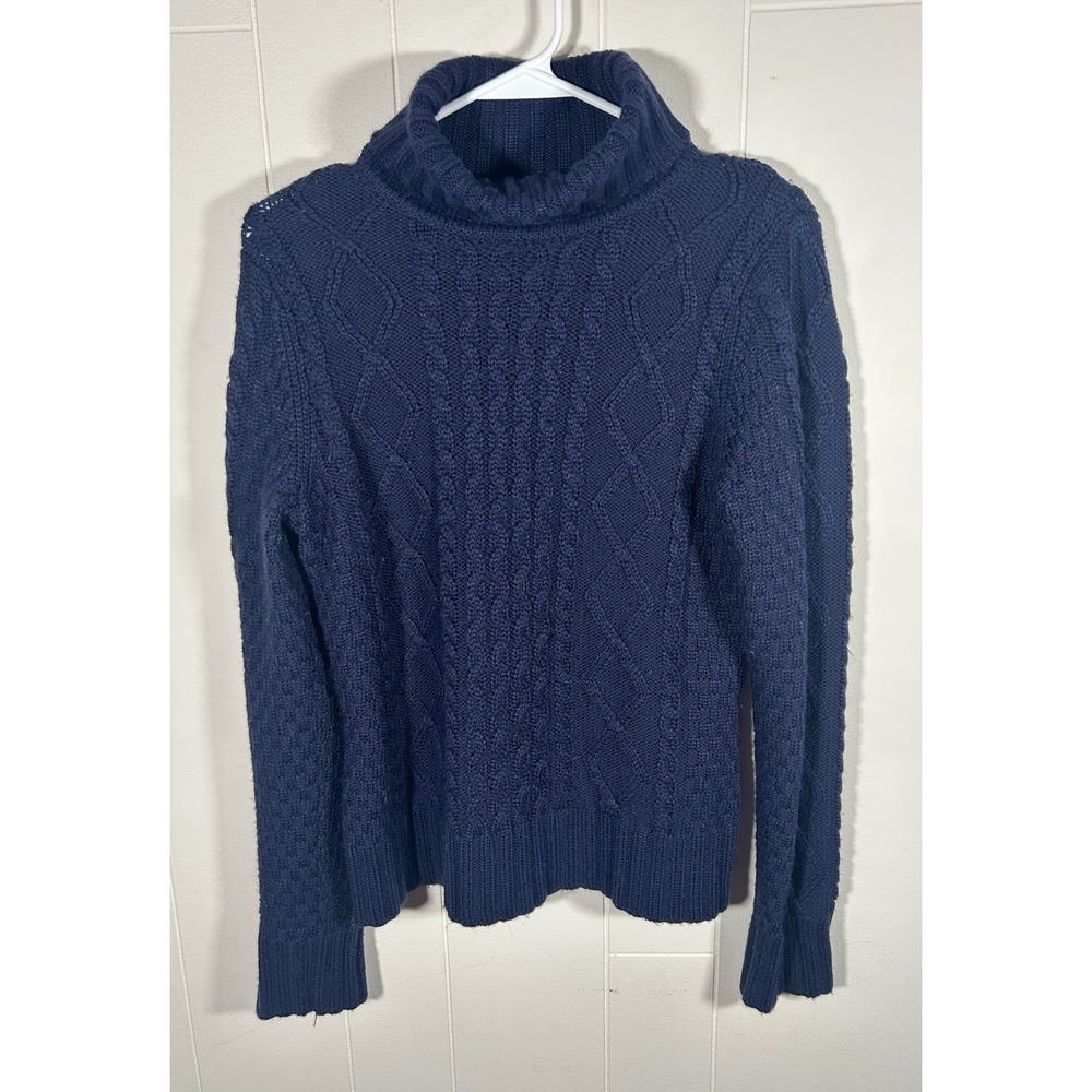 LL Bean Navy Blue Cable Knit Turtleneck Fisherman Wool Blend Sweater Mens M Reg